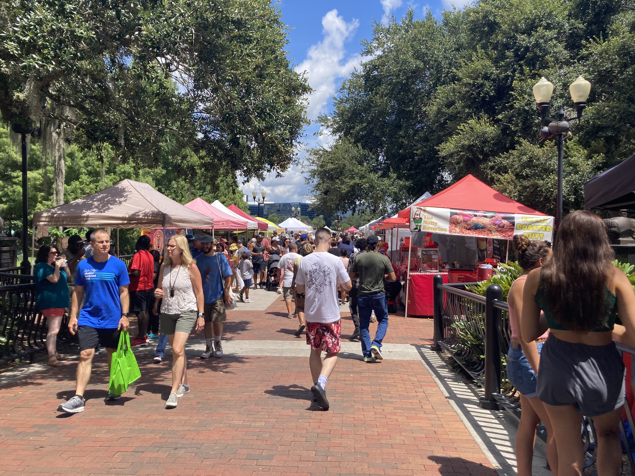 A view of the various booths lining the sidewalk filled with many people